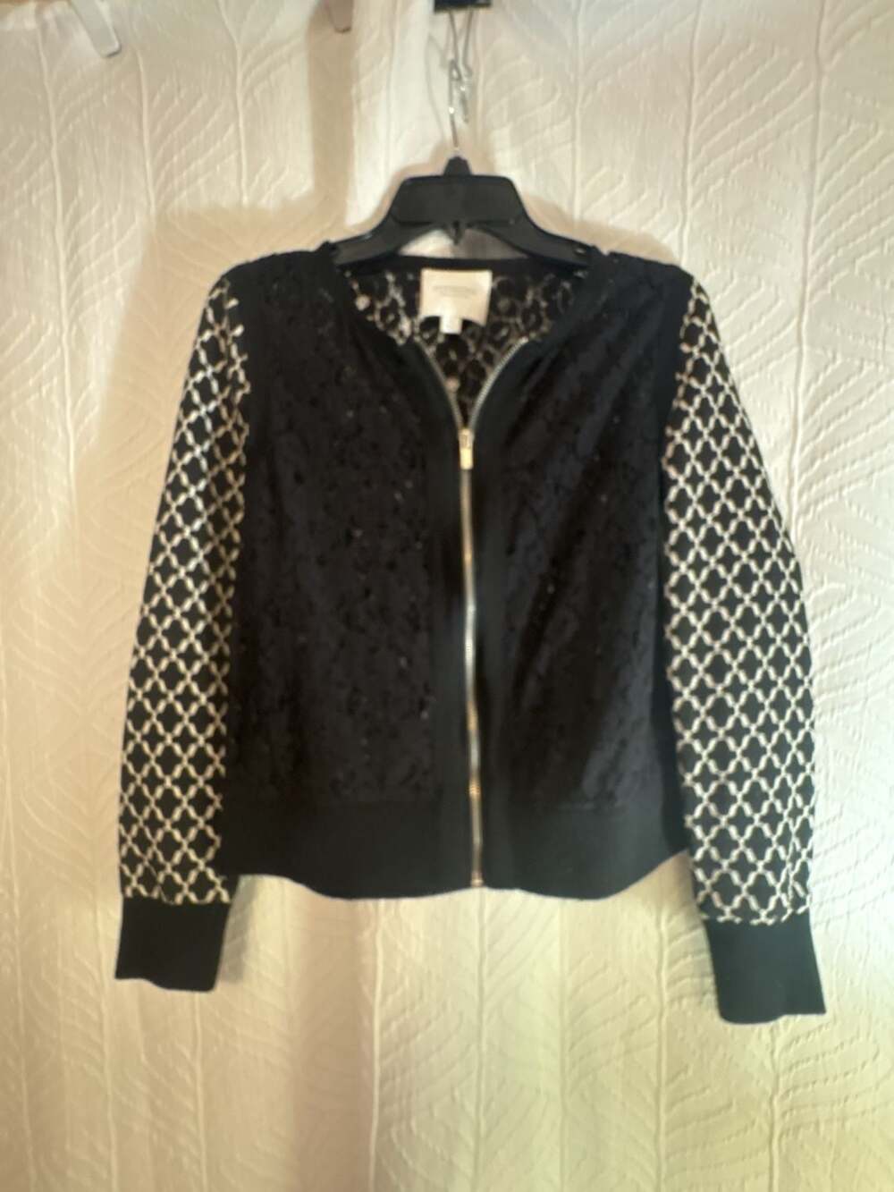 Piperlime Collection Black Lace and Patterned Contrast Sleeve Bomber Jacket Size